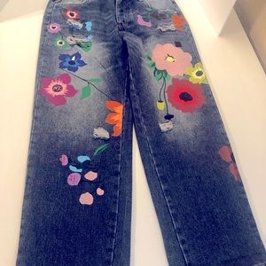 MissLook Jeans Size Medium Distressed with Painted Flowers